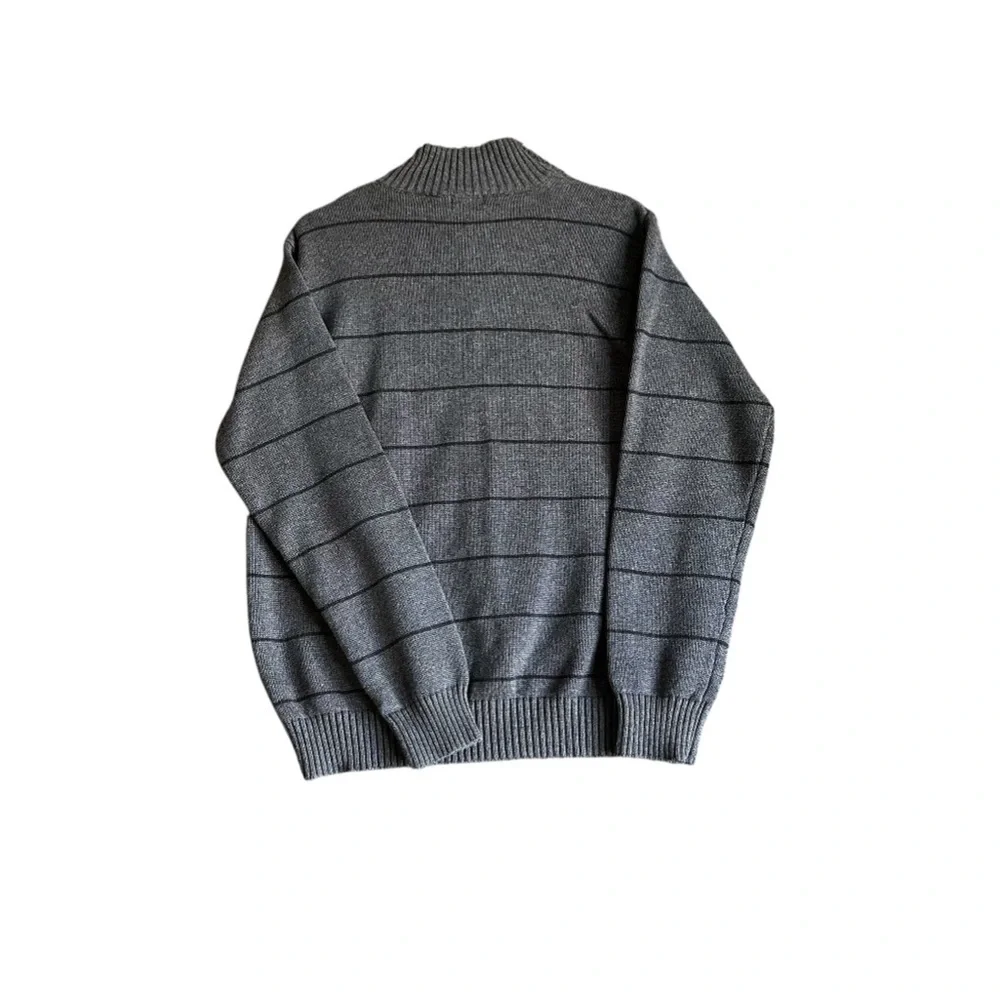 Izod Men's Charcoal Striped Sweater Preppy, Cozy, Button Collard SZ L